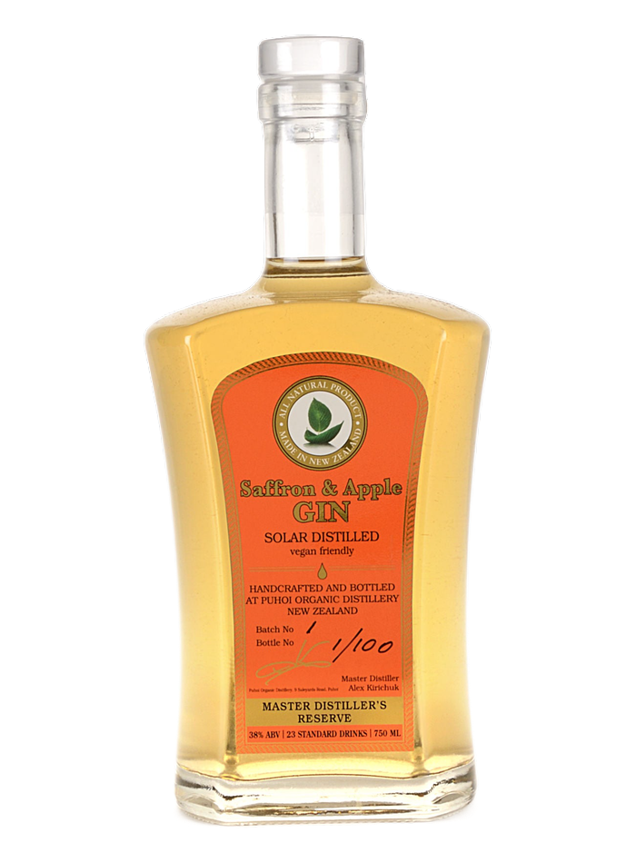 Puhoi Saffron & Apple Gin bottle – Puhoi Organic Distillery