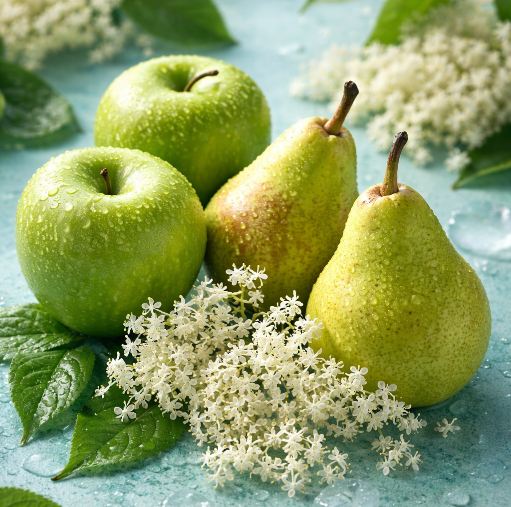 Pommes vertes, poires et fleurs de sureau illustrant le profil aromatique du Luperiaal