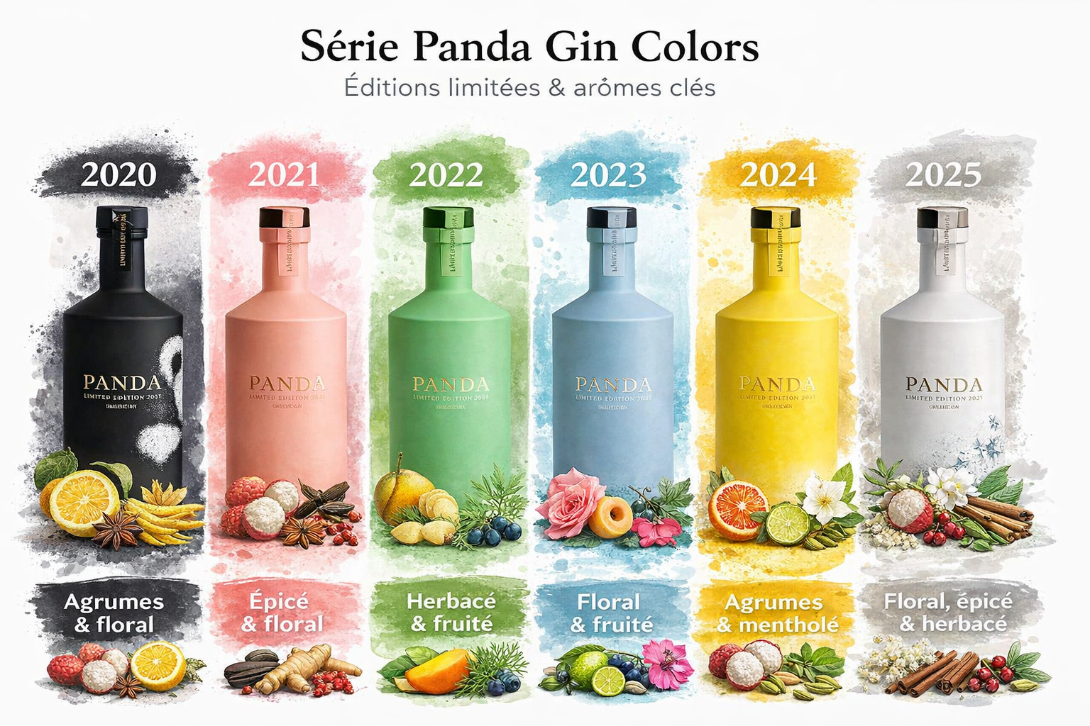 Infographie des éditions Panda Gin Colors 2020 à 2025 avec profils aromatiques et couleurs associées