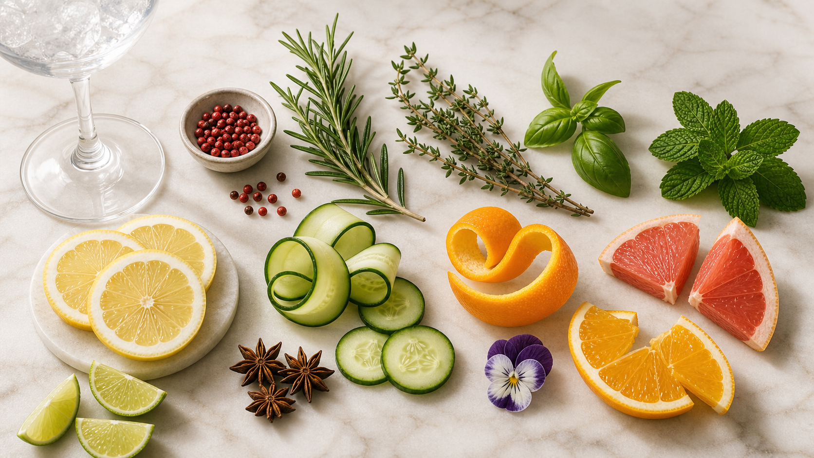 An assortment of Gin and Tonic garnishes: citrus, cucumber, fresh herbs and spices