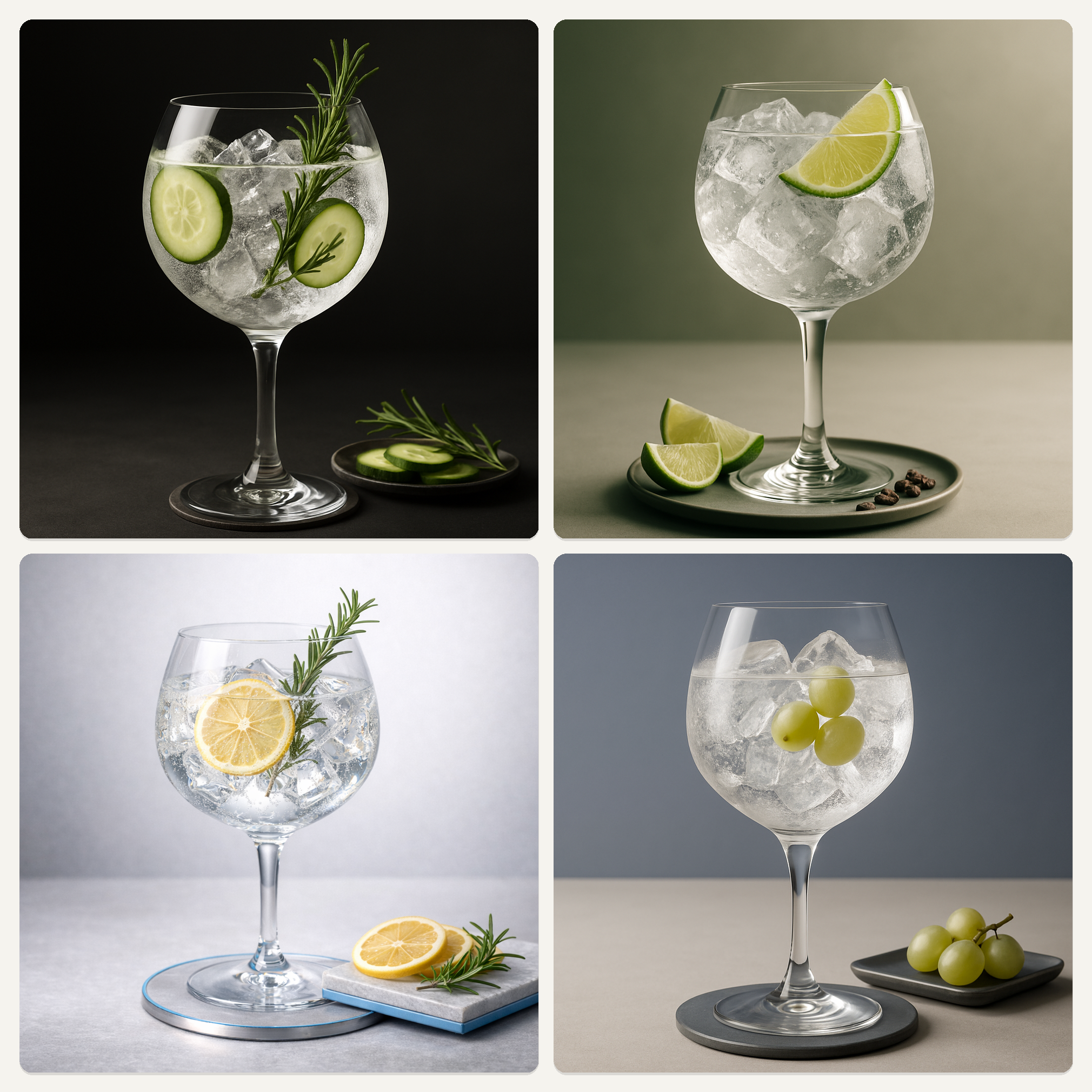 Collage of four GinToLove Perfect Serves: Hendrick's, Tanqueray, Bombay Sapphire and Nordés
