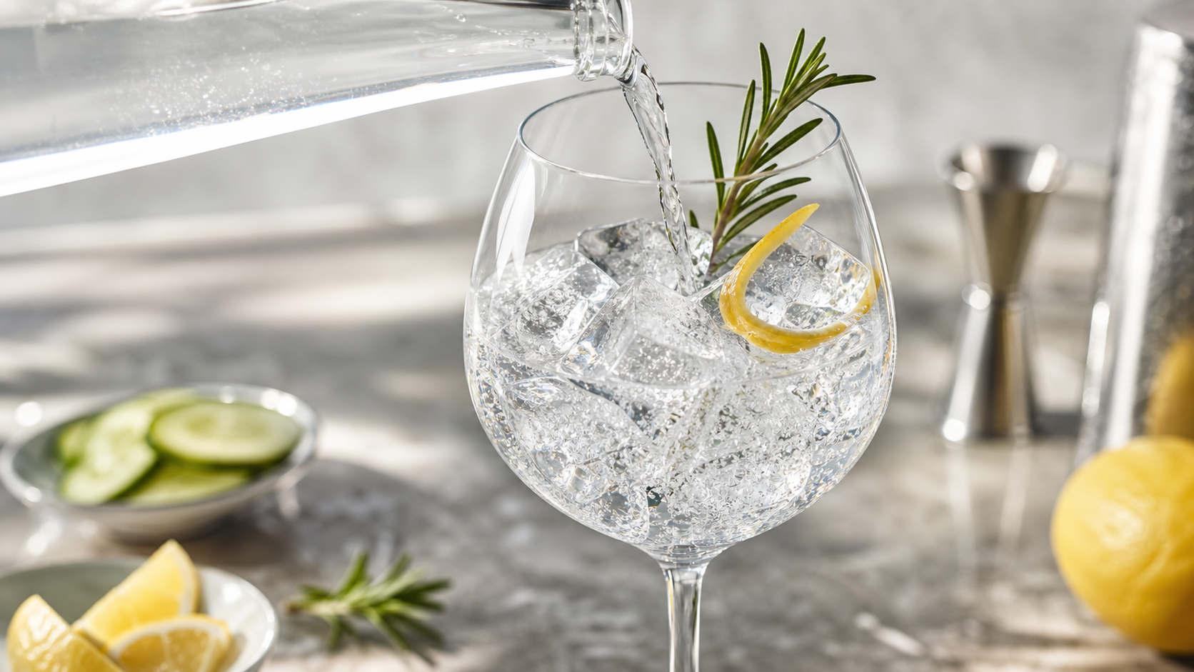 Gin and Tonic being served with the right gin-to-tonic ratio, large ice cubes and garnish