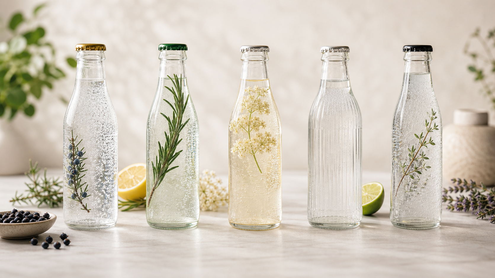 Five generic tonic bottles lined up, illustrating different tonic profiles