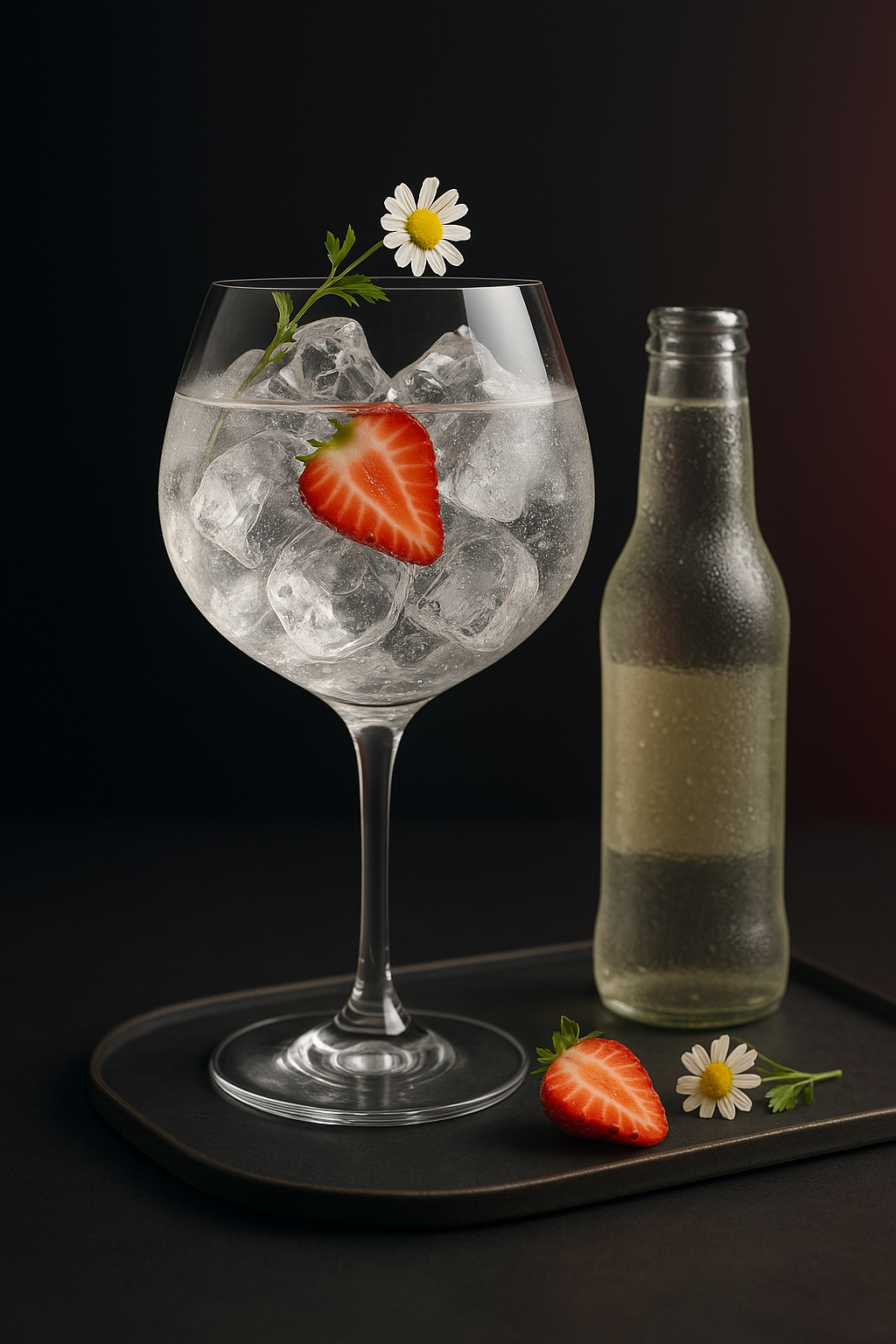 King of Soho Variorum Gin servi avec Fever-Tree Elderflower Tonic Water, agrémenté de Fresh Strawberry Slice et Chamomile Sprig
