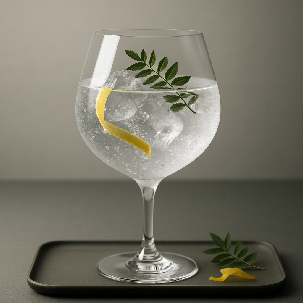 KI NO BI Kyoto Dry Gin Limited Edition servi avec East Imperial Yuzu Tonic Water, agrémenté de Yuzu peel twist et Sansho leaf