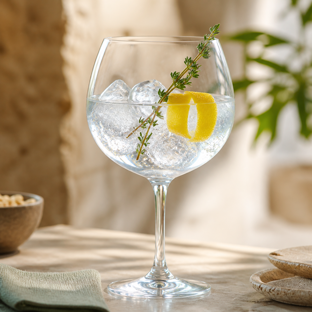 Gin Eva S'Horabaixa served with Fever-Tree Mediterranean Tonic Water, garnished with Lemon peel twist and Small thyme sprig