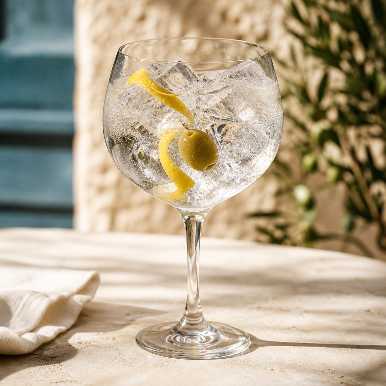 Gin Eva La Mallorquina served with Fever-Tree Mediterranean Tonic Water, garnished with Green olive and Lemon peel twist
