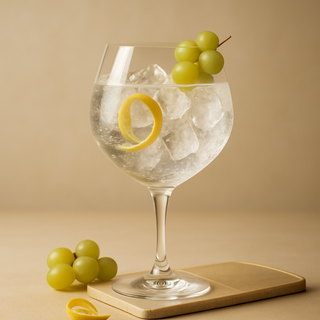 Renais Gin served with Double Dutch Skinny Tonic, garnished with Green Grapes and Lemon Twist