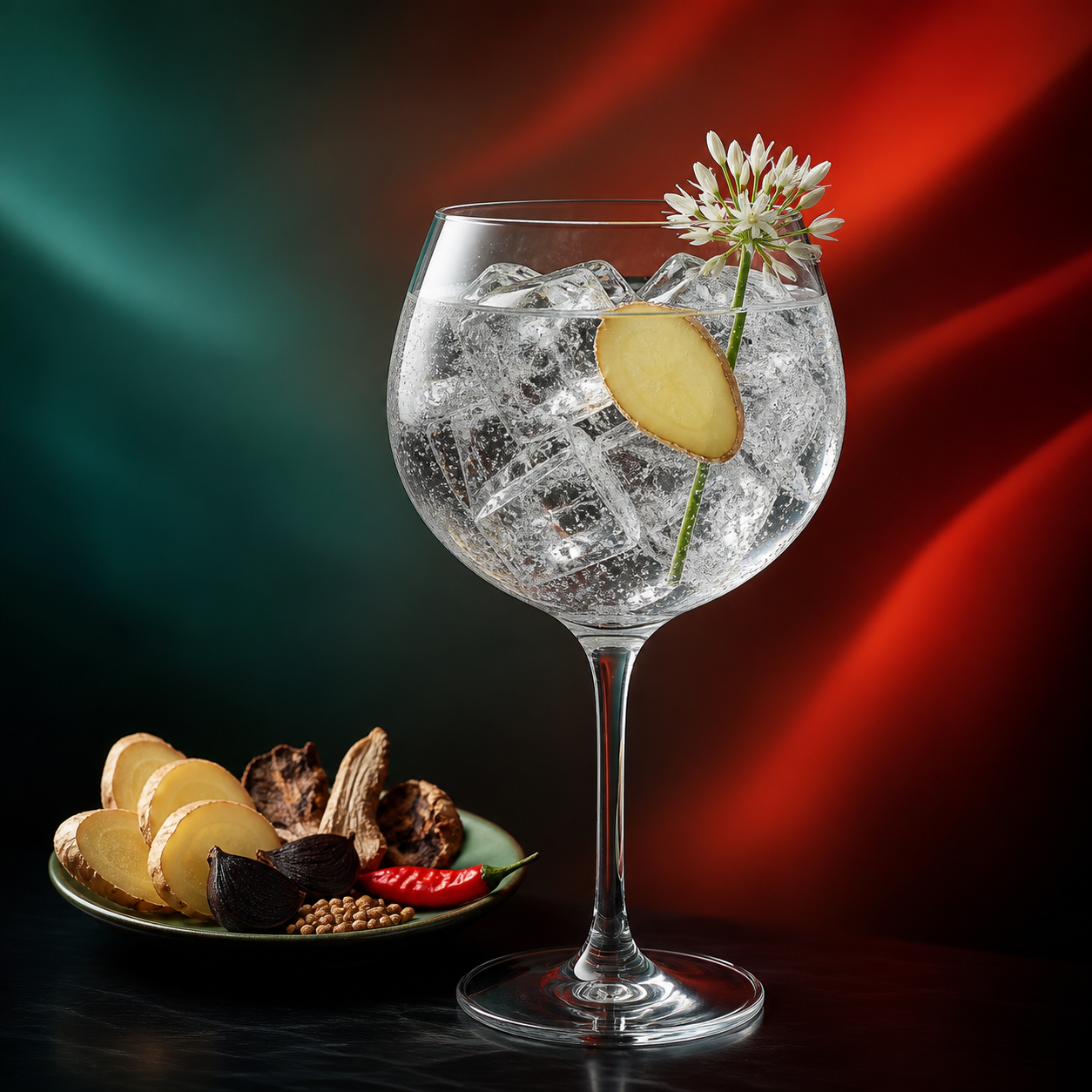 Mandu Gin served with Fever-Tree Indian Tonic Water, garnished with Ginger slice and wild garlic flowers
