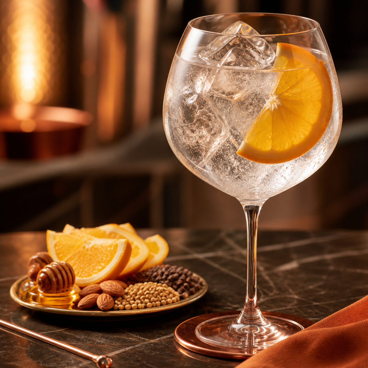 Makar Old Tom Gin served with Fever-Tree Indian Tonic Water, garnished with Fresh orange slice
