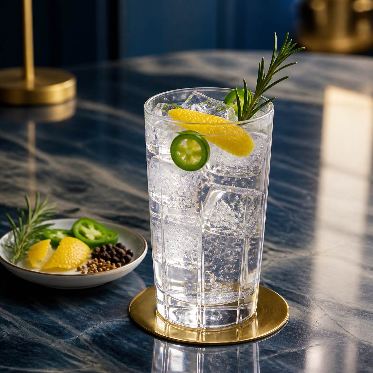 Makar Original Dry Gin served with Fever-Tree Indian Tonic Water, garnished with Fresh mild green chilli pepper slice