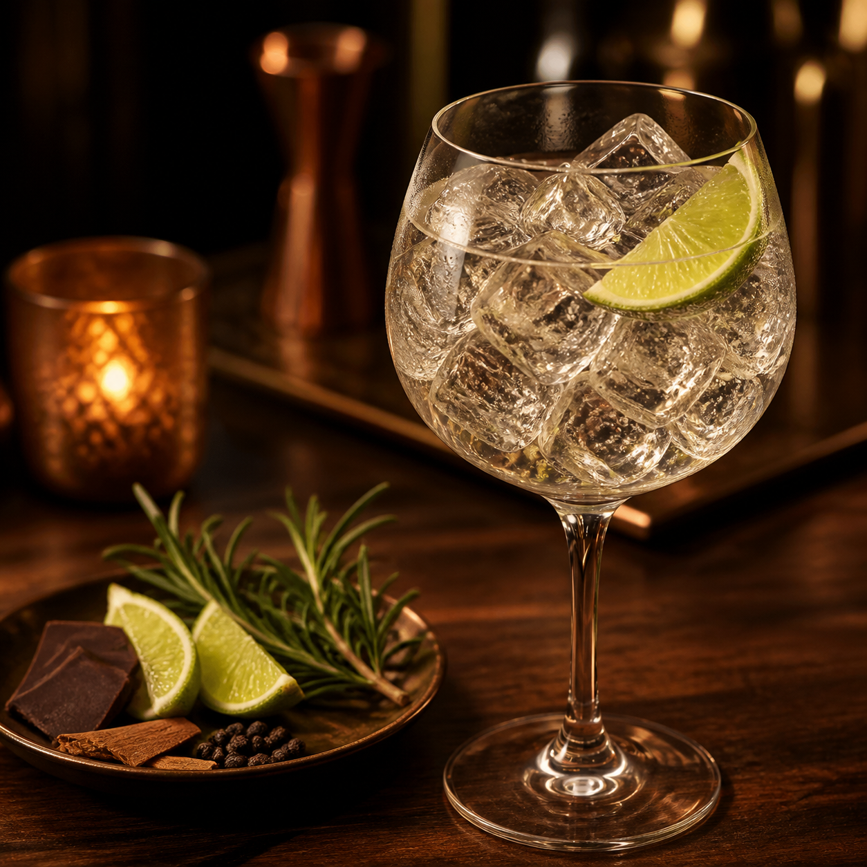 Makar Oak Aged Gin served with Fever-Tree Ginger Ale, garnished with Fresh lime wedge