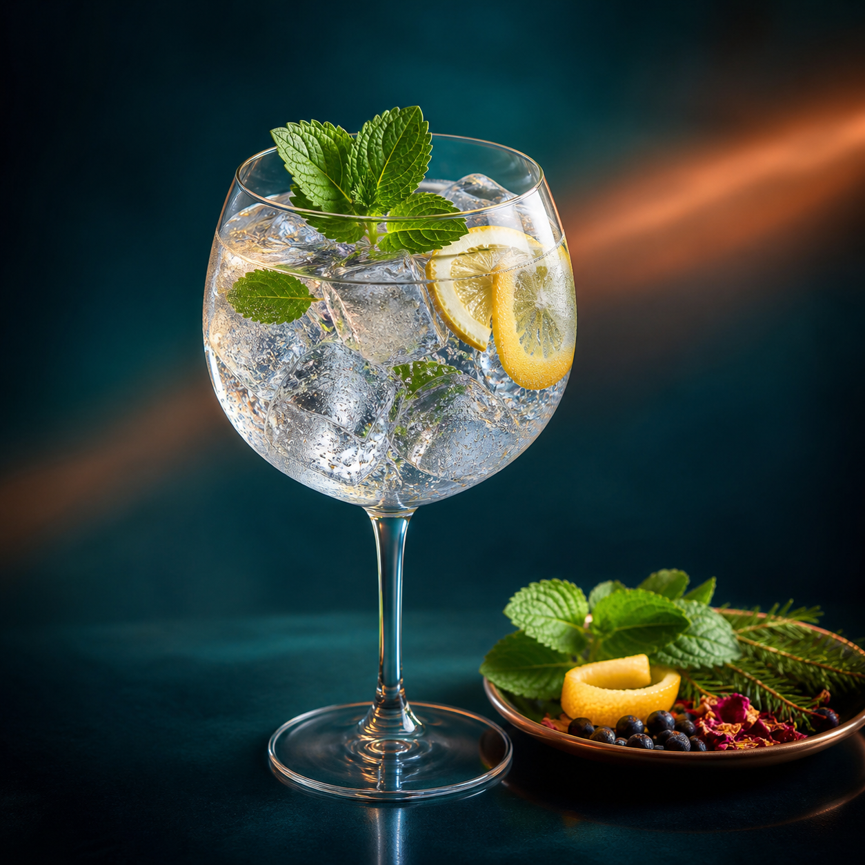 Lussa Gin served with Fever-Tree Indian Tonic Water, garnished with Lemon balm and lemon wheel