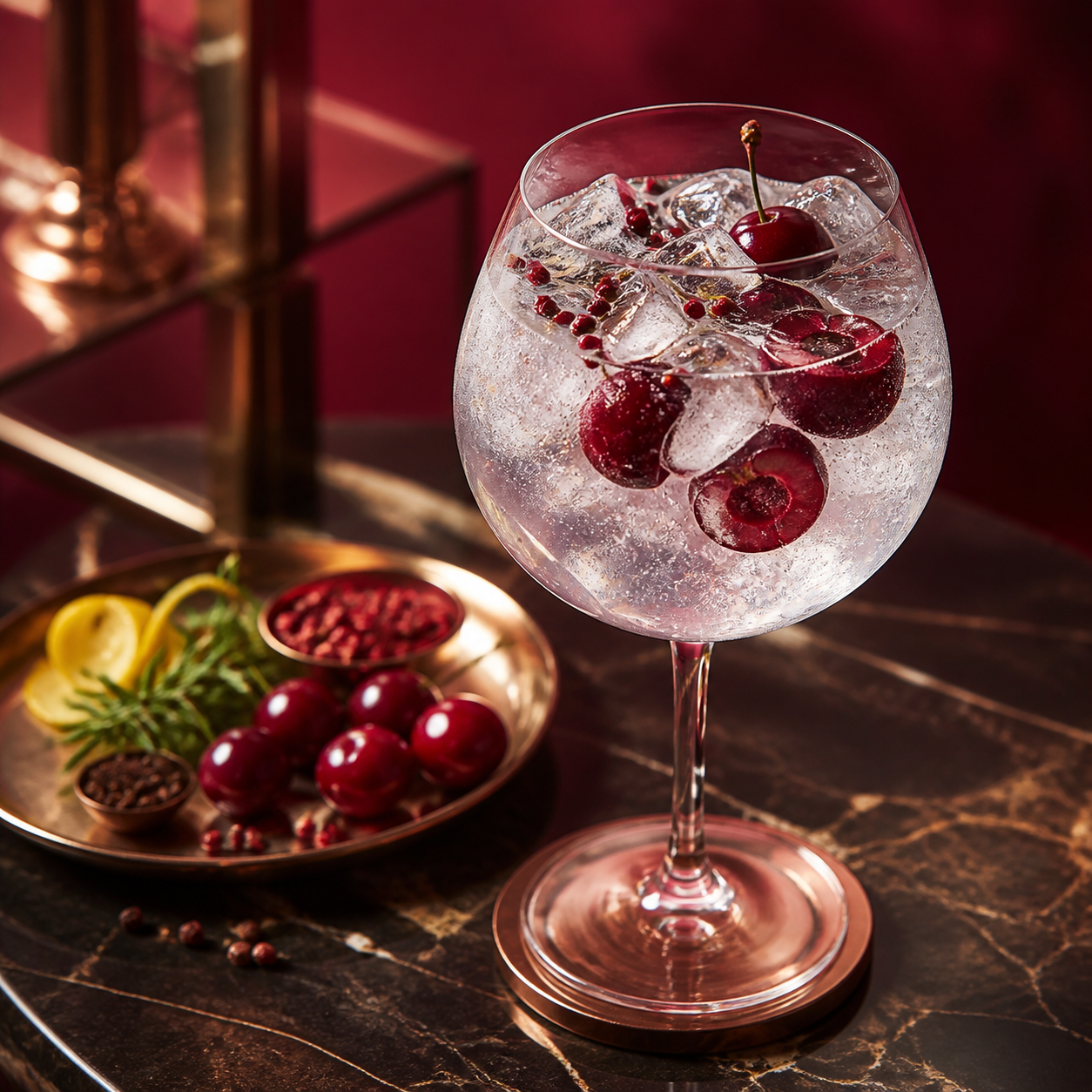 Makar Cherry Gin served with Fever-Tree Indian Tonic Water, garnished with Fresh cherries and pink peppercorns