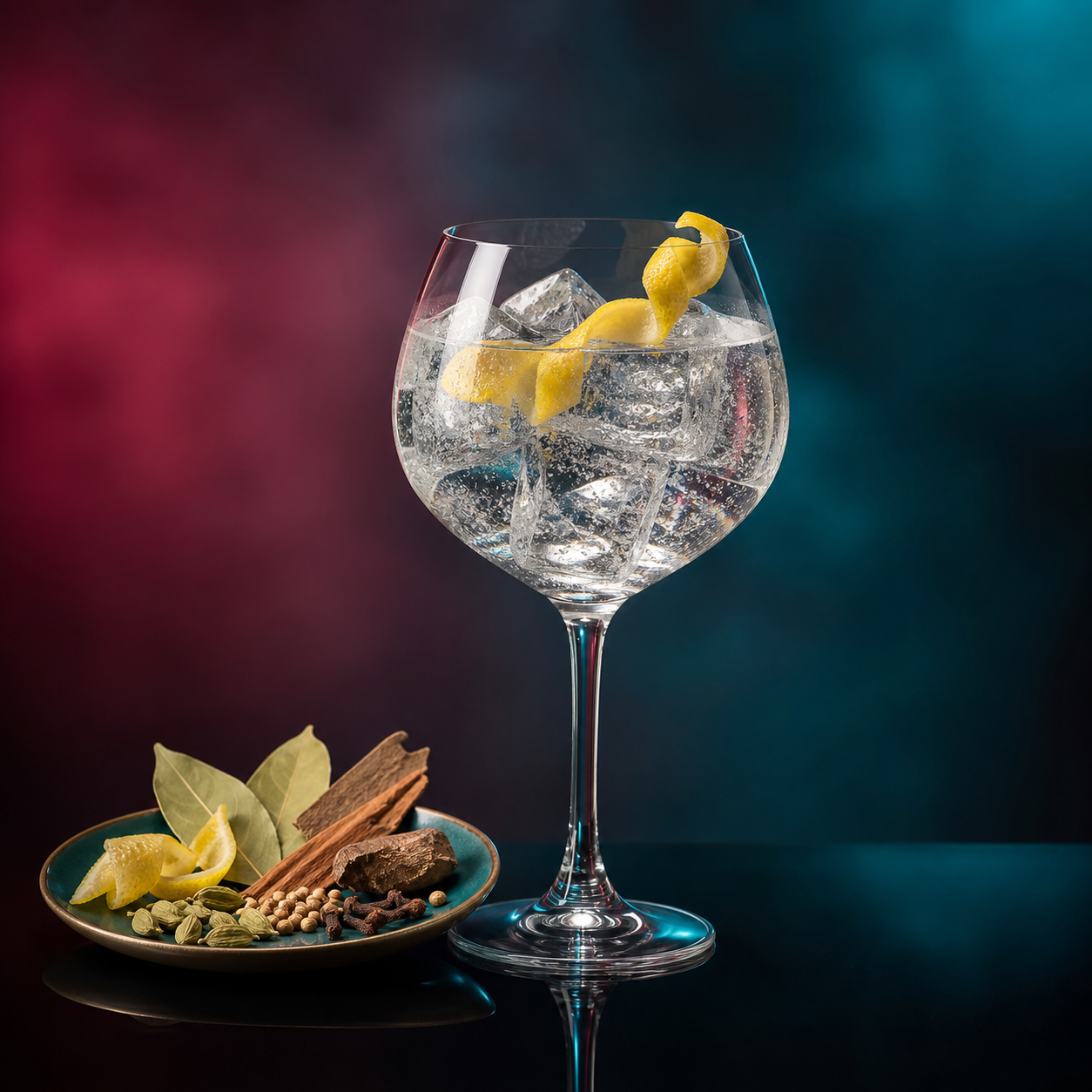 Garam Masala Gin served with Fever-Tree Aromatic Tonic Water, garnished with Lemon zest