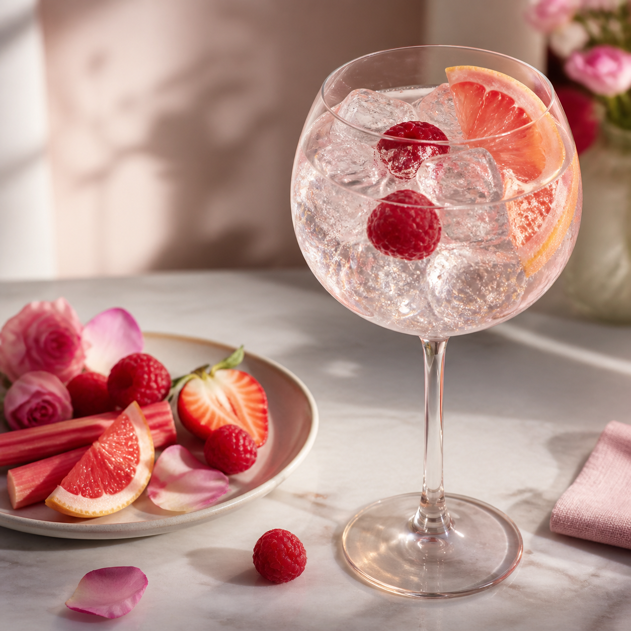 Eden Mill Love Gin served with Fentimans Pink Grapefruit Tonic Water, garnished with Fresh raspberries and pink grapefruit slice