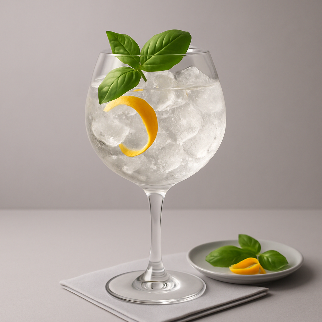 Nona June sans alcool served with Thomas Henry Tonic Water, garnished with Orange zest and Basil leaf