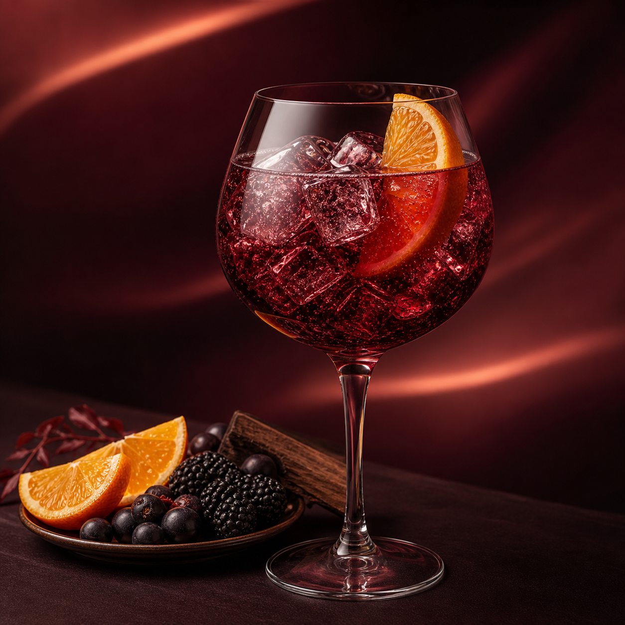 Downpour Sloe & Bramble Gin served, garnished with Orange slice