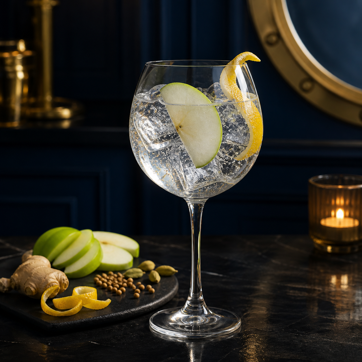 TOHI Admiral's Reserve Navy Strength Gin served with Fever-Tree Indian Tonic Water, garnished with Sour apple slice and Lemon peel
