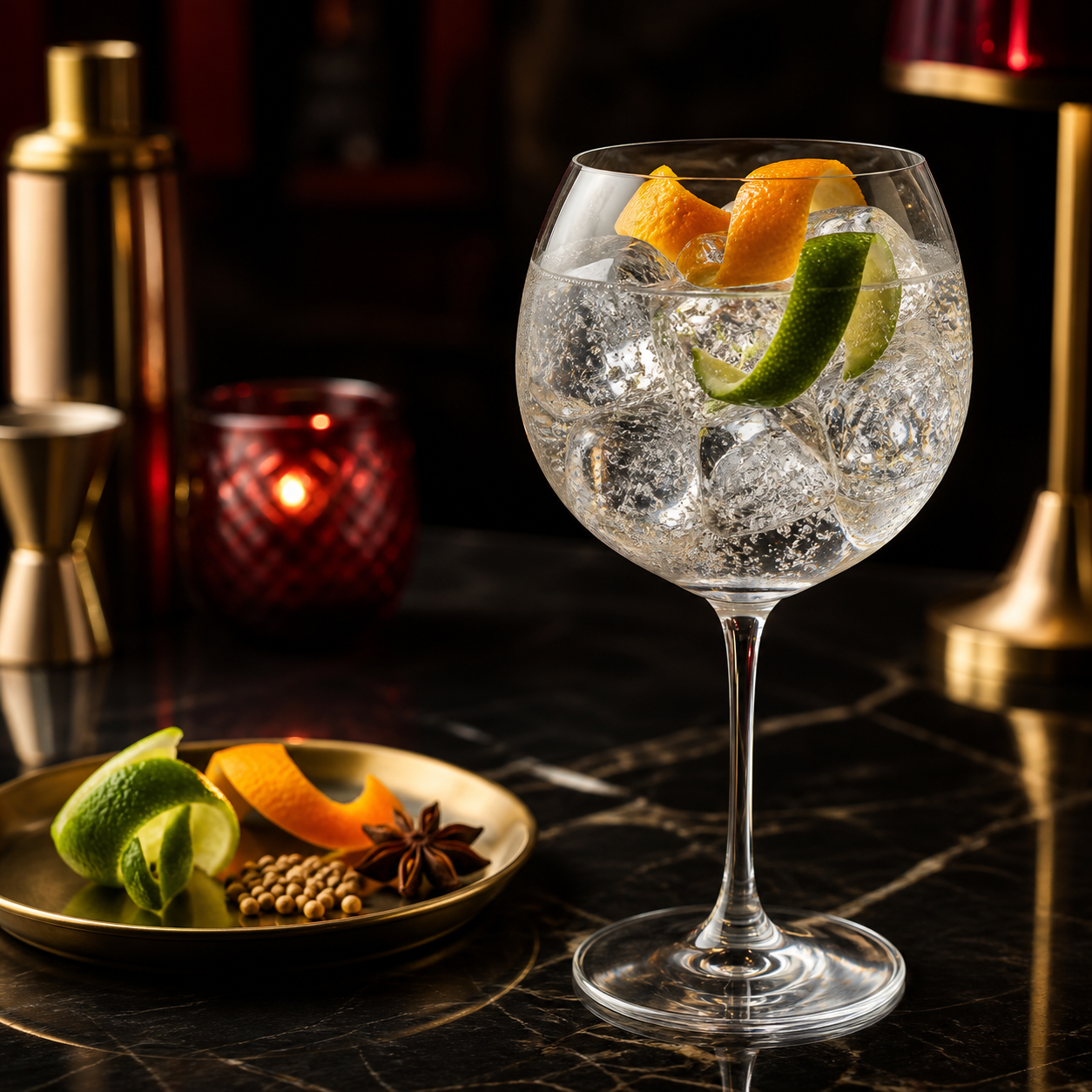 Wembley London Dry Gin served with Fever-Tree Indian Tonic Water, garnished with Lime peel and Orange peel