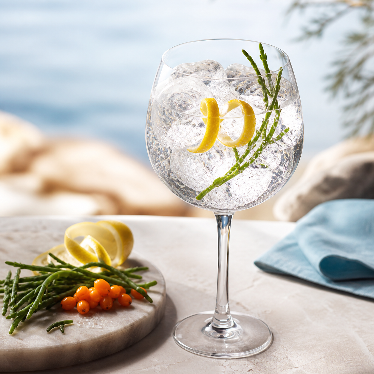 Sea Centaur Gin served with Fever-Tree Mediterranean Tonic Water, garnished with Lemon peel and Samphire