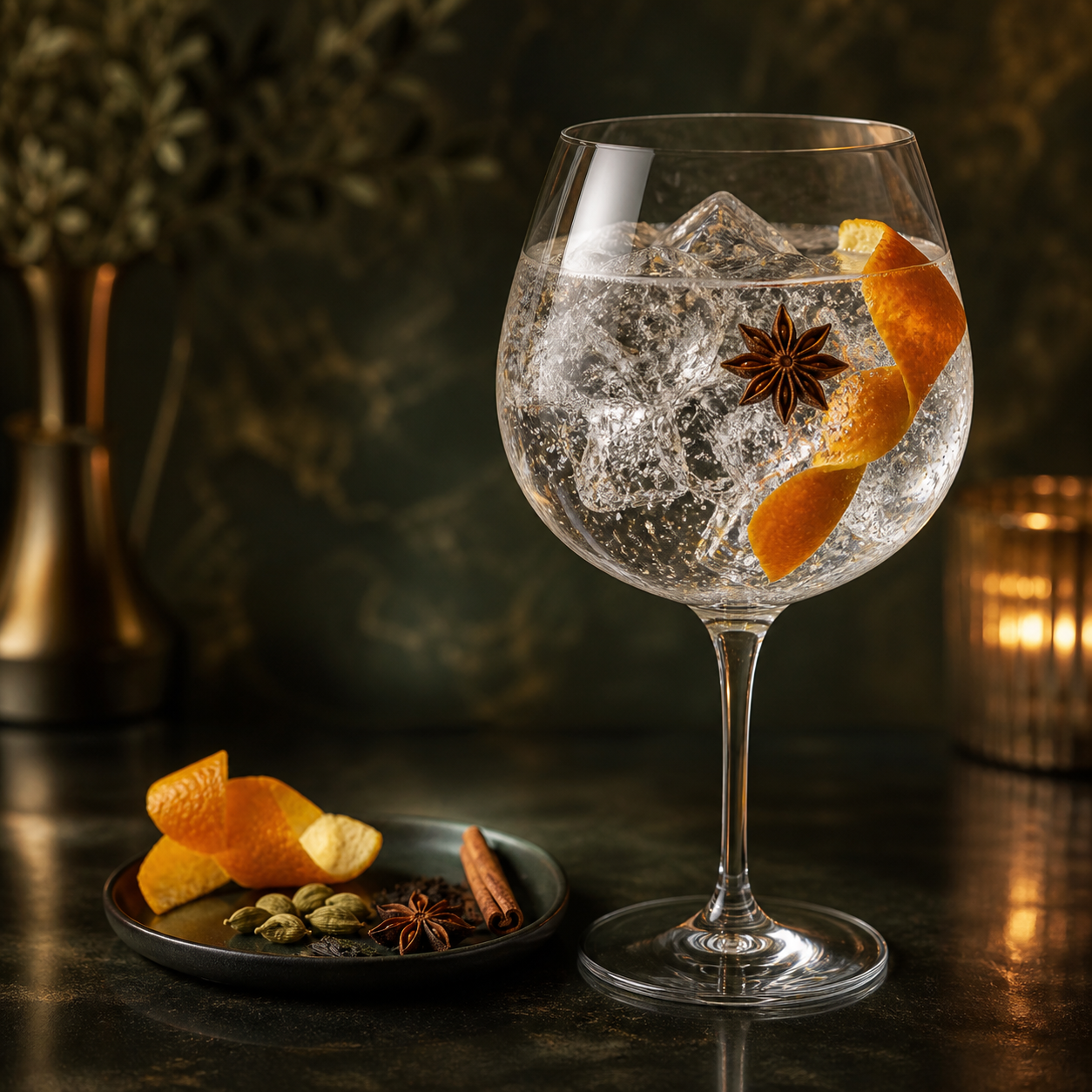 Rutland Square Chai Spiced Scottish Gin served with Fever-Tree Indian Tonic Water, garnished with Orange peel and Star anise