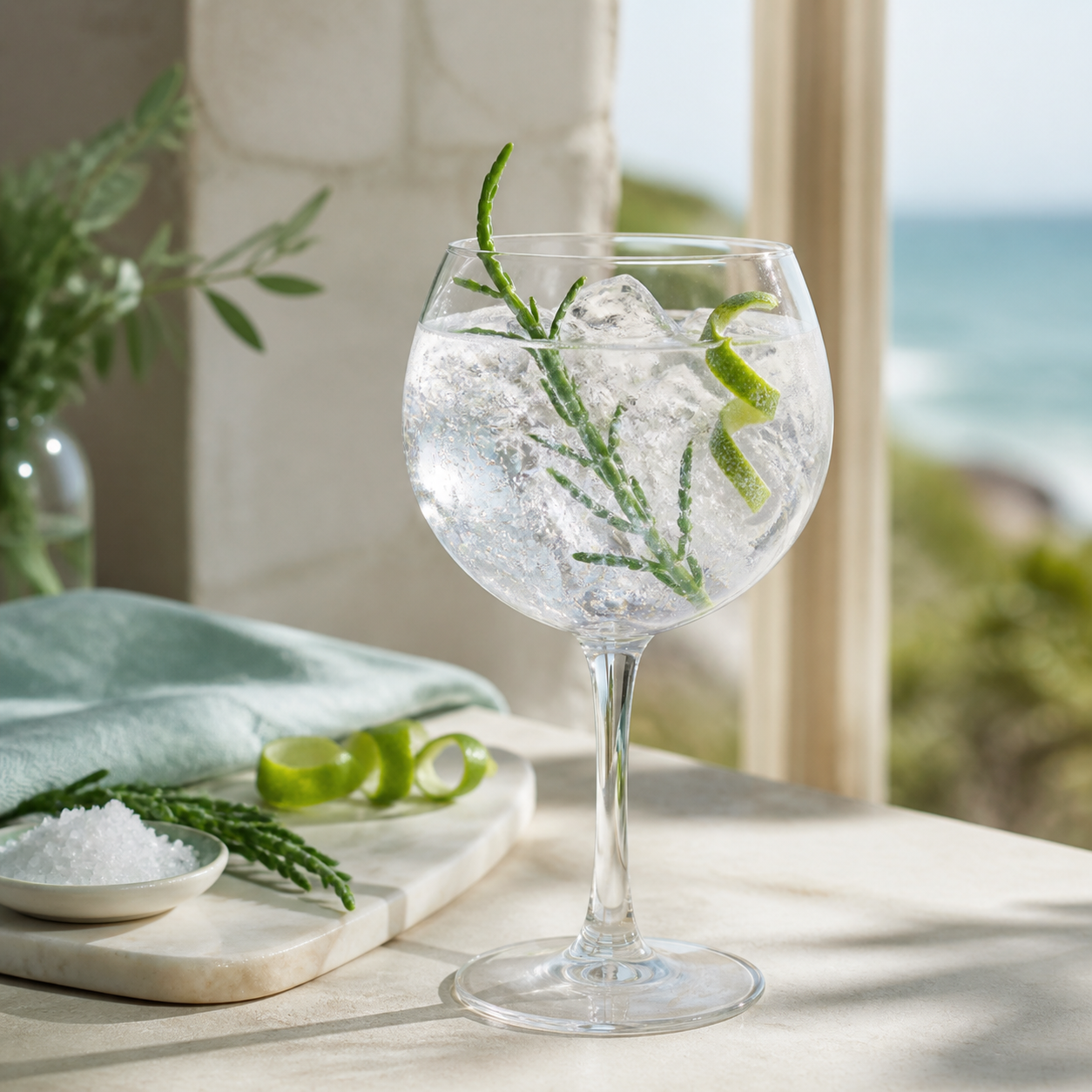 Pinkmead Estate Wild Samphire Gin servi avec Fever-Tree Naturally Light Tonic Water, agrémenté de Lime peel et Samphire