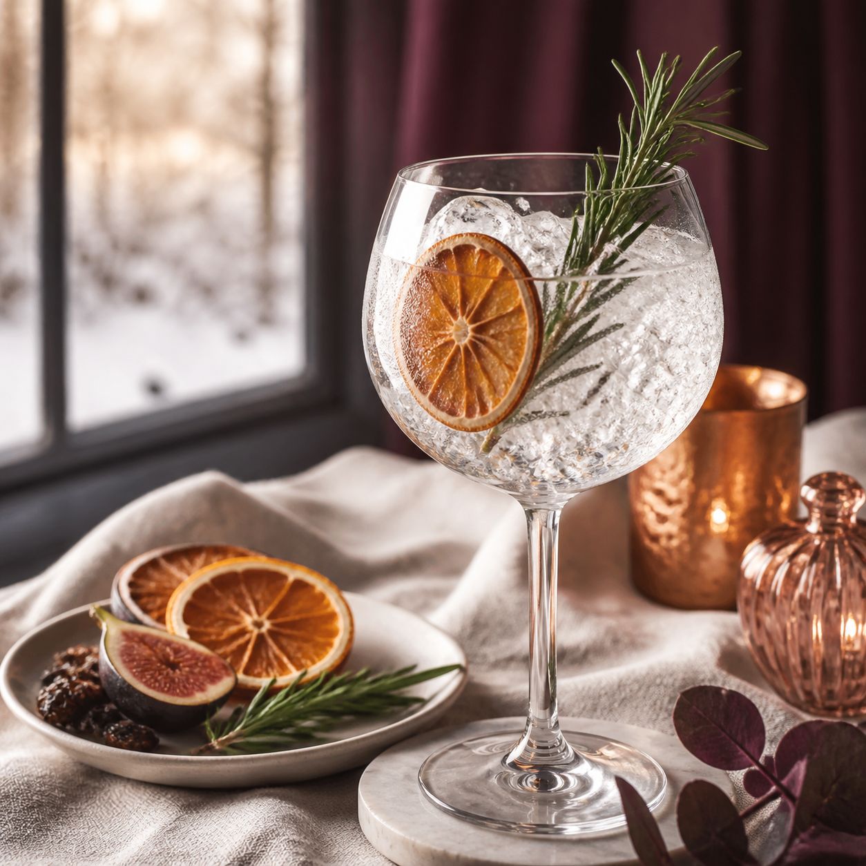 Mermaid Winter Gin served with Fever-Tree Refreshingly Light Indian Tonic Water, garnished with Dehydrated orange wheel and Rosemary sprig