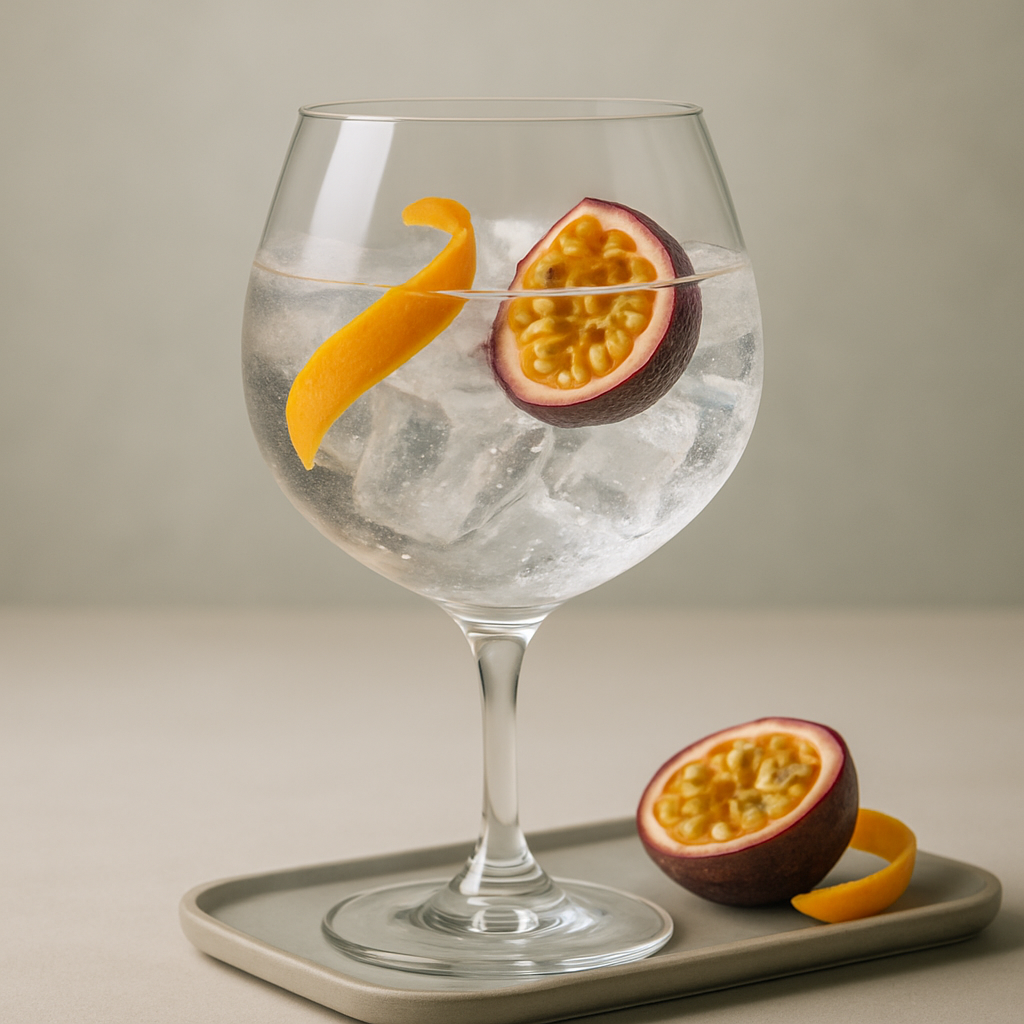 Akayane Fuyu Craft Gin servi avec Thomas Henry Grapefruit Tonic Water, agrémenté de Orange peel twist et Passion fruit slice