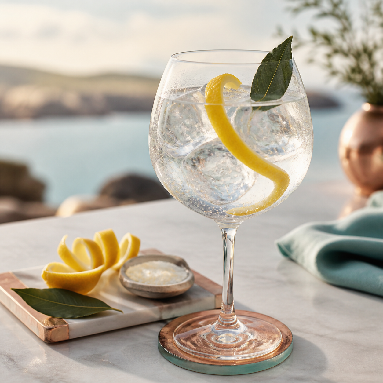 Heart of Scotland Original London Dry Gin served with Fever-Tree Indian Tonic Water, garnished with Lemon peel and Bay leaf