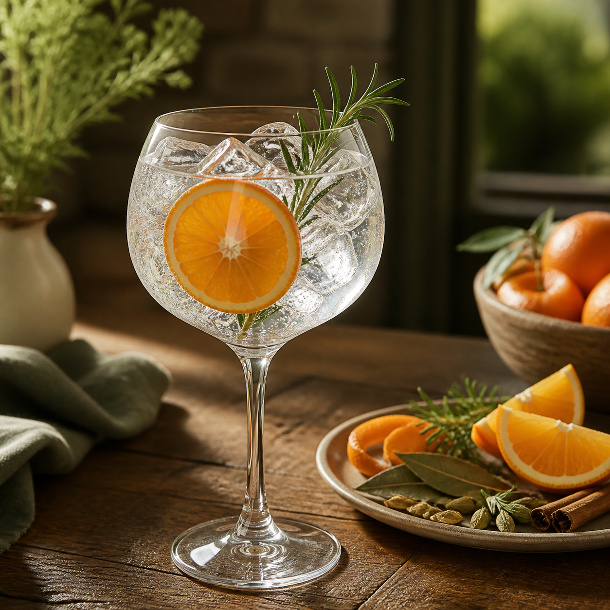 Dog and Spoon Orange Gin servi avec Fever-Tree Indian Tonic Water, agrémenté de Orange wheel et Rosemary sprig