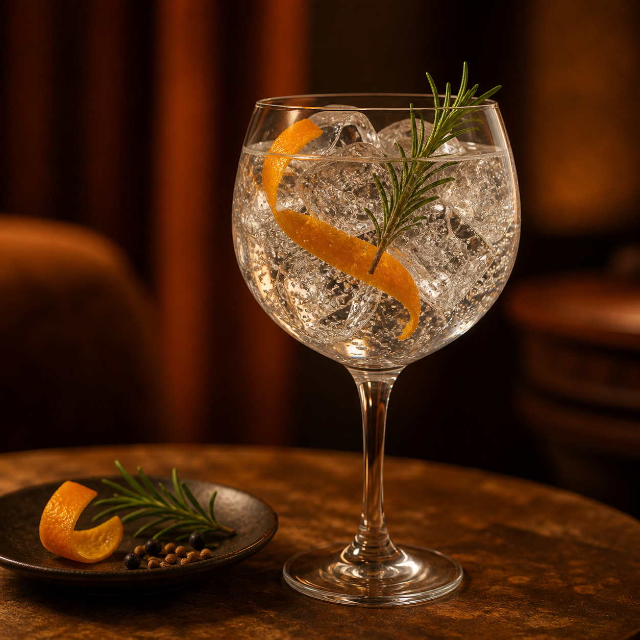 Campfire London Dry Gin served with Fever-Tree Indian Tonic Water, garnished with Orange peel and Rosemary sprig