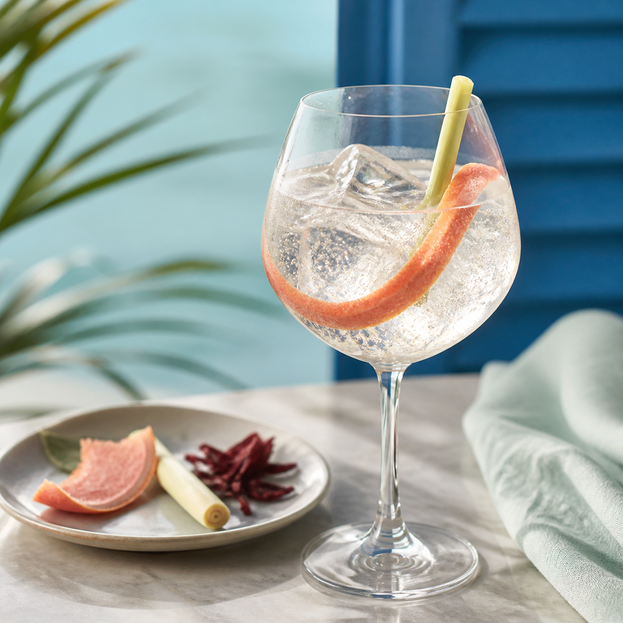 Citadelle Bajan served with Fever-Tree Indian Tonic Water, garnished with Pink grapefruit peel and Lemongrass