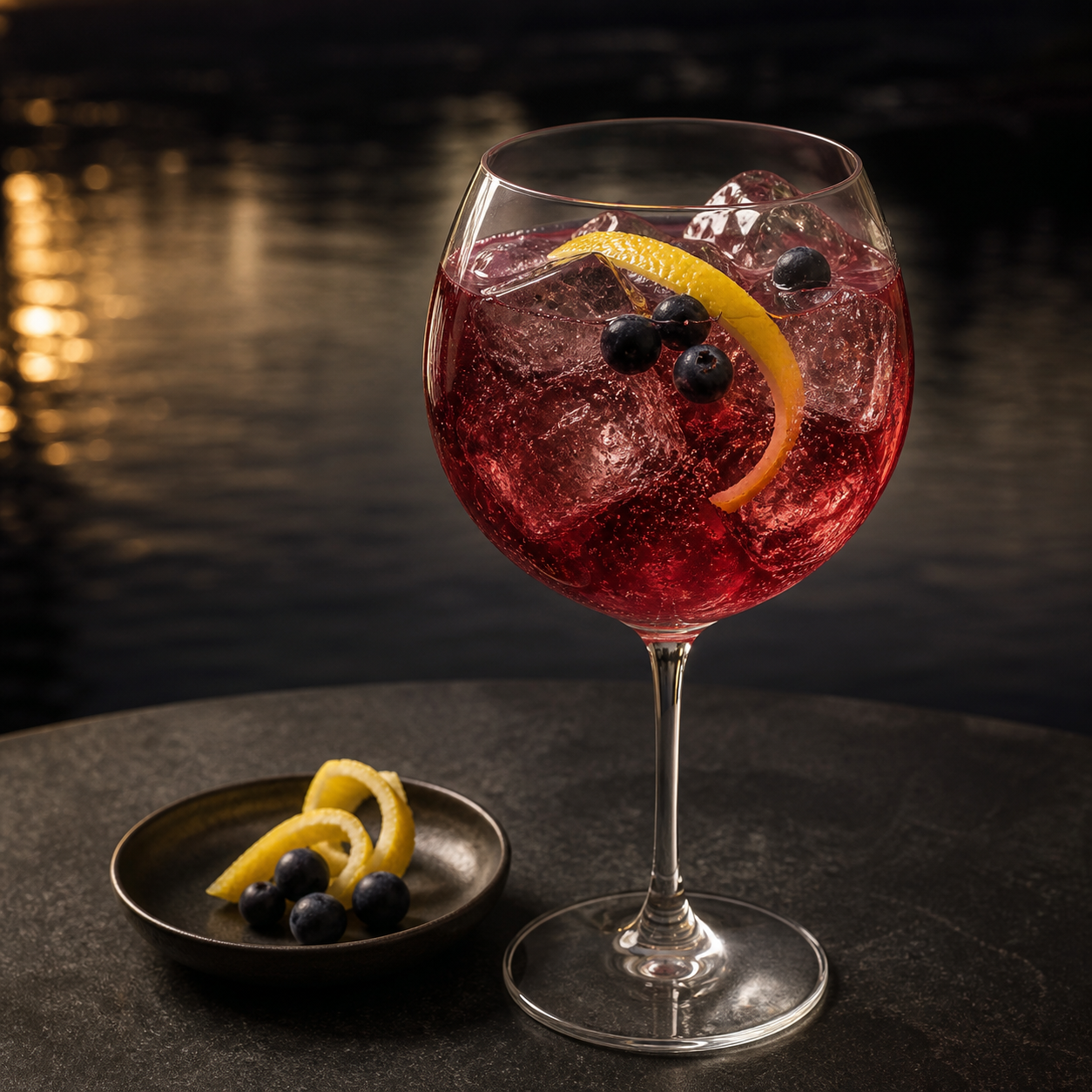 Boatyard Sloe Boat Gin served with Fever-Tree Lemon Tonic Water, garnished with Lemon peel and Sloe berries