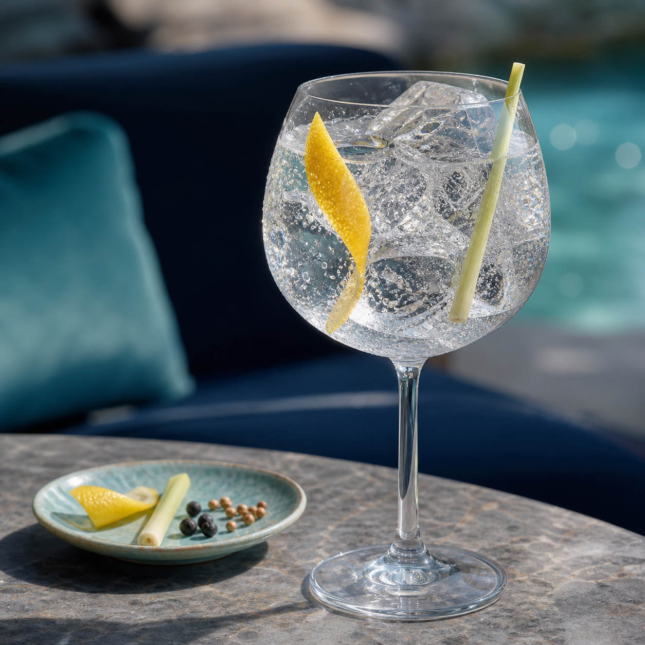 Bluff London Dry Gin served with Fever-Tree Indian Tonic Water, garnished with Lemon peel and Lemongrass