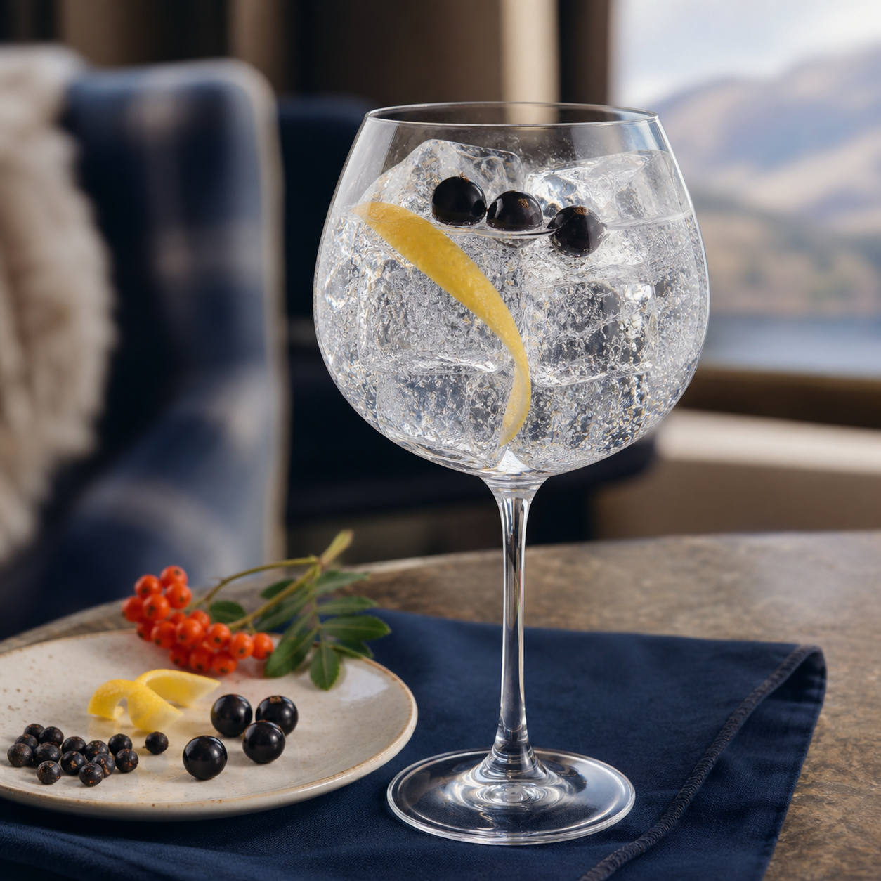Ben Lomond Scottish Gin served with Fever-Tree Indian Tonic Water, garnished with Lemon peel and Blackcurrants