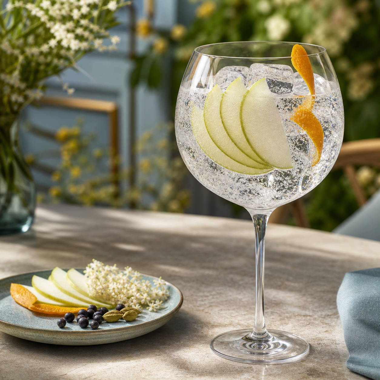 AmberChes Botanical Gin served with Fever-Tree Indian Tonic Water, garnished with Apple slice and Orange peel