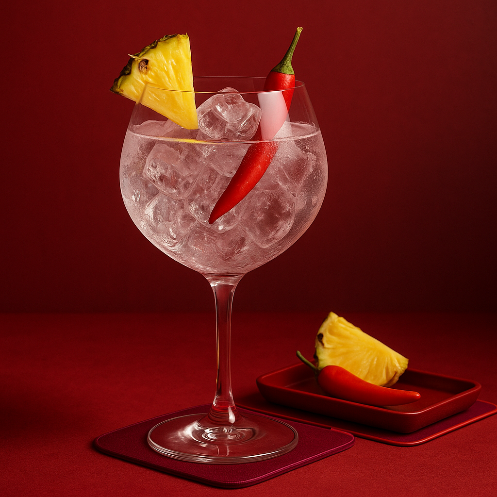 Amuerte Coca Leaf Gin Red Edition servi avec Thomas Henry Tonic Water, agrémenté de Pineapple slice et Red chili