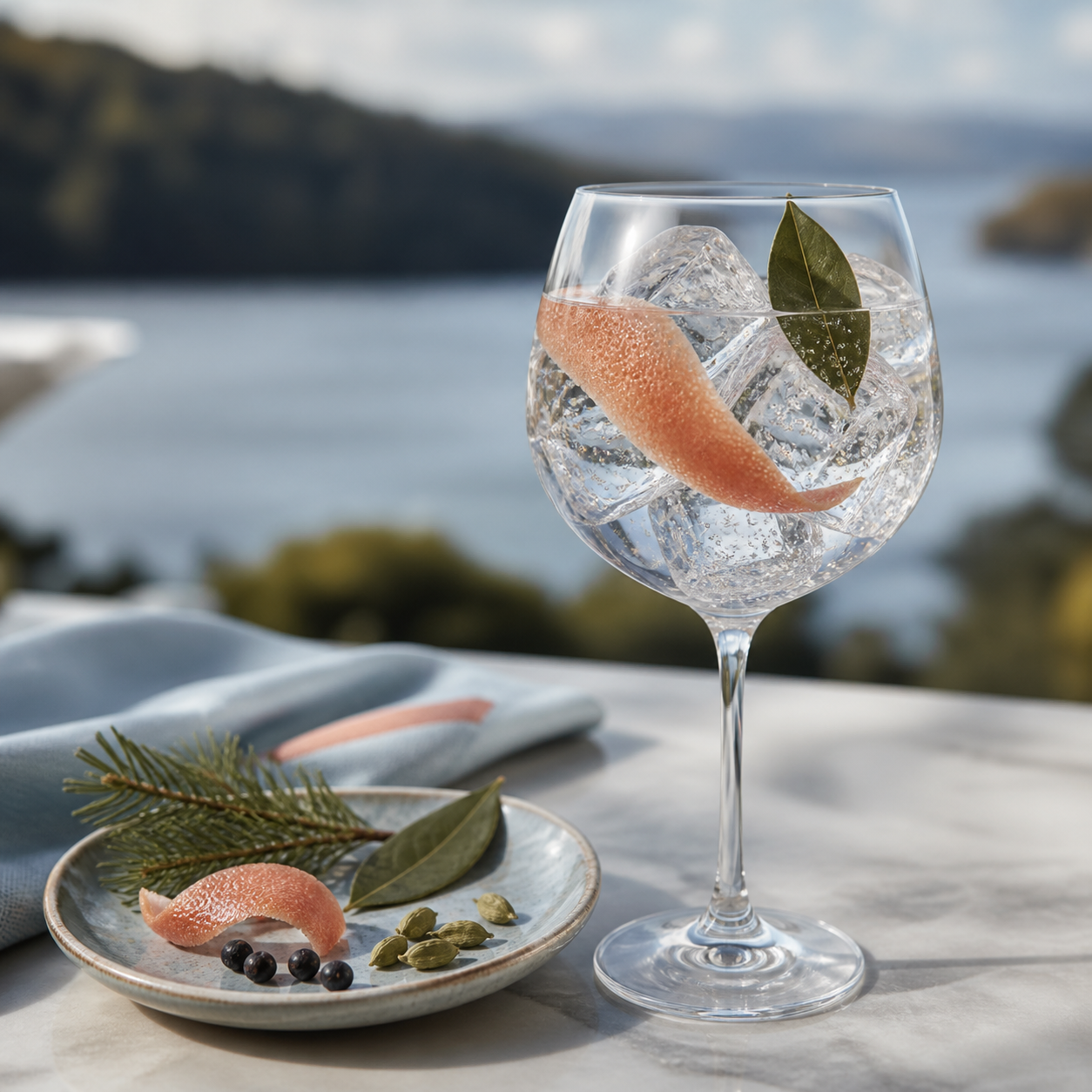 1881 Hydro Gin served with Fever-Tree Indian Tonic Water, garnished with Pink grapefruit peel and Bay leaf