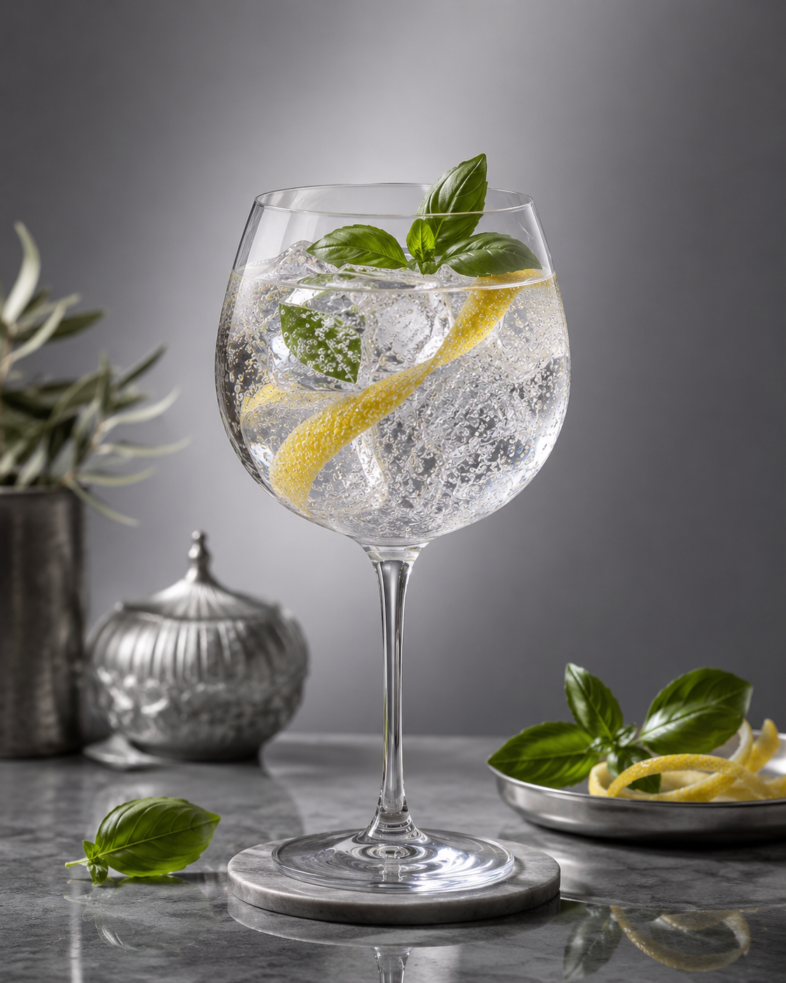 Lisboa Gin servi avec Schweppes Premium Mixer Hibiscus Tonic, agrémenté de Basil leaf et Thin lemon peel