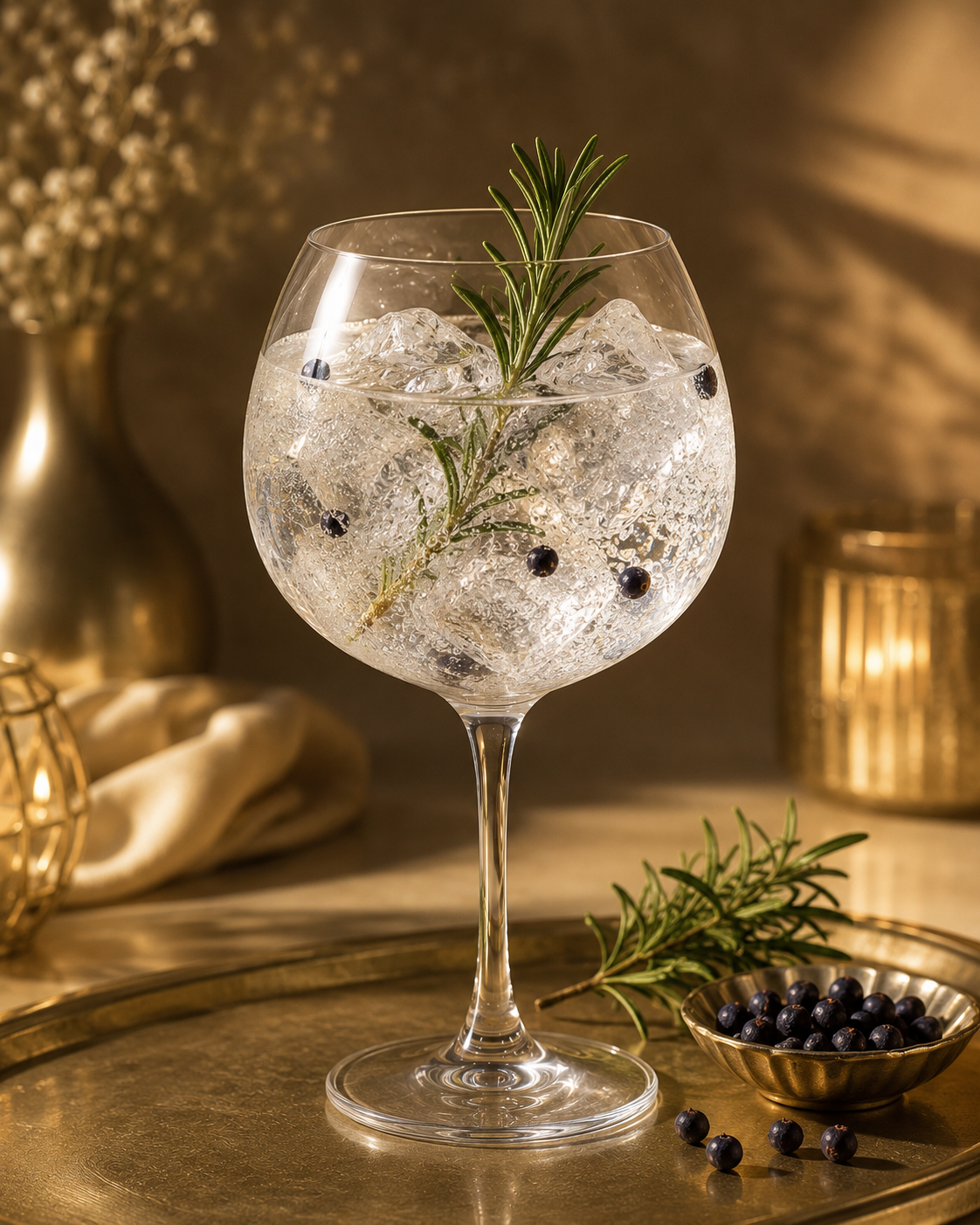 Save The Queen Gin served with 1724 Tonic Water, garnished with Rosemary sprig and Juniper berries