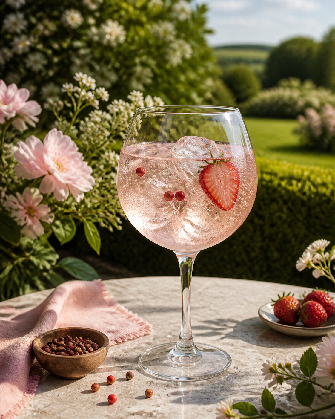 Henstone Strawberry & Pink Peppercorn Gin served with Fever-Tree Indian Tonic Water, garnished with Strawberry and Pink peppercorns
