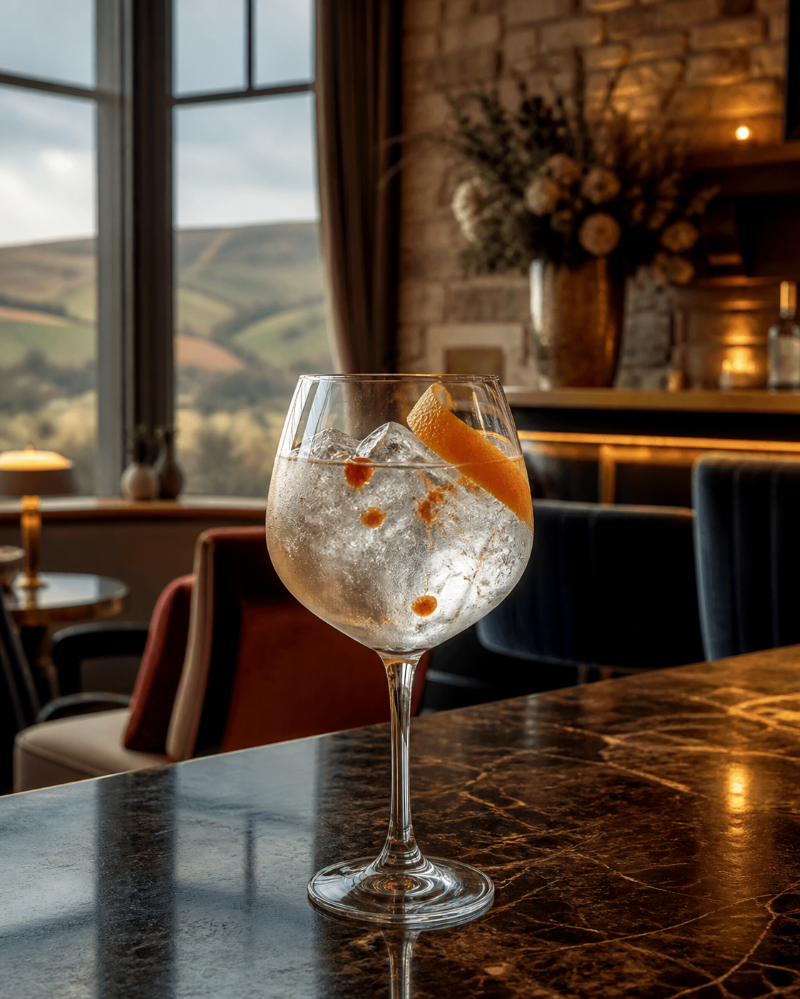 Honours Gin 1881 Navy Strength Gin served with Fever-Tree Indian Tonic Water, garnished with Orange peel