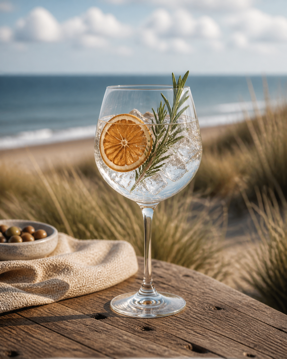 Zeebonk Gin served with Fever-Tree Mediterranean Tonic Water, garnished with Dried orange wheel and Rosemary sprig