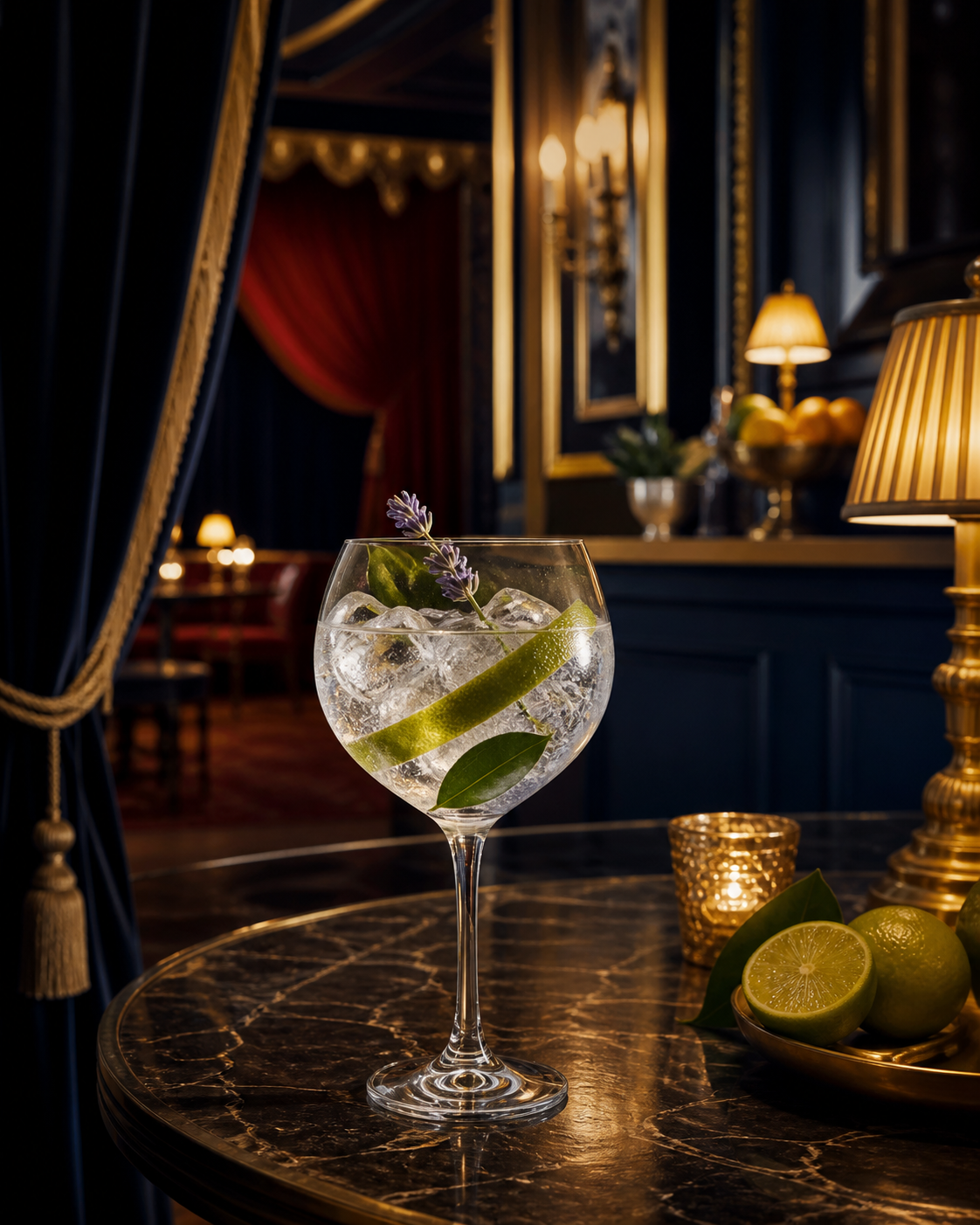 A Gin To Die For servi avec Fever-Tree Indian Tonic Water, agrémenté de Kaffir lime leaf et Lime peel