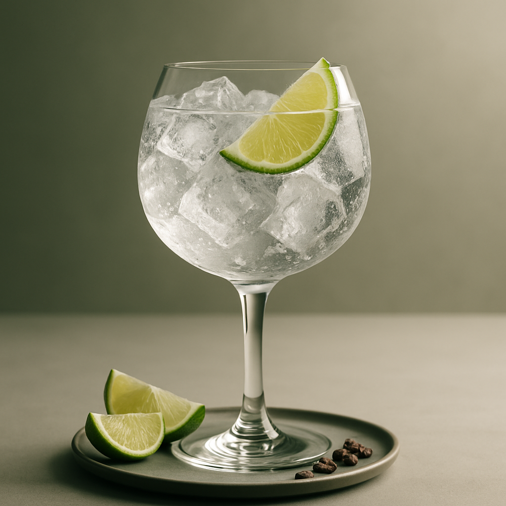 Tanqueray London Dry Gin served with Thomas Henry Tonic Water, garnished with Lime Wedge
