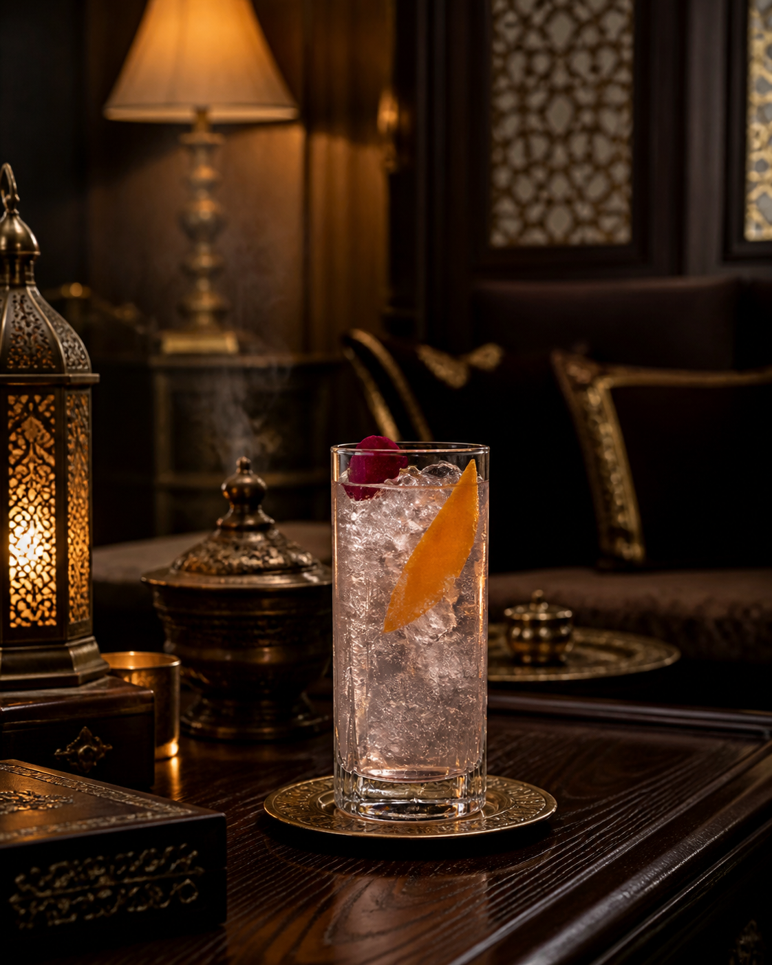 Heaven & Hell Dubai Oud Gin servi, agrémenté de Orange peel et Rose petal