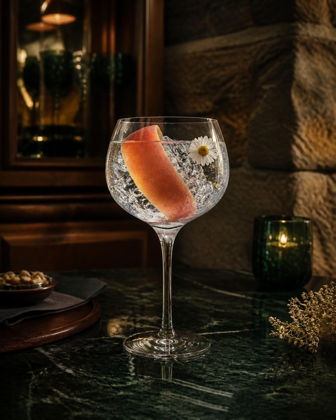The Aberturret Gin servi avec Fever-Tree Indian Tonic Water, agrémenté de Grapefruit peel et Chamomile flower