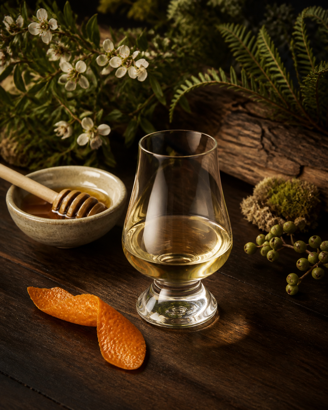 Awildian Coromandel Manuka Gin servi, agrémenté de Seville orange peel