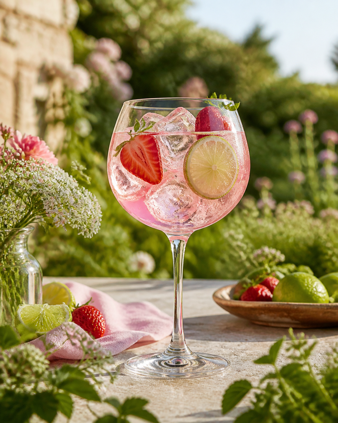 Tarquin's Strawberry & Lime Gin servi avec Fever-Tree Elderflower Tonic Water, agrémenté de Lime wheel et Strawberry